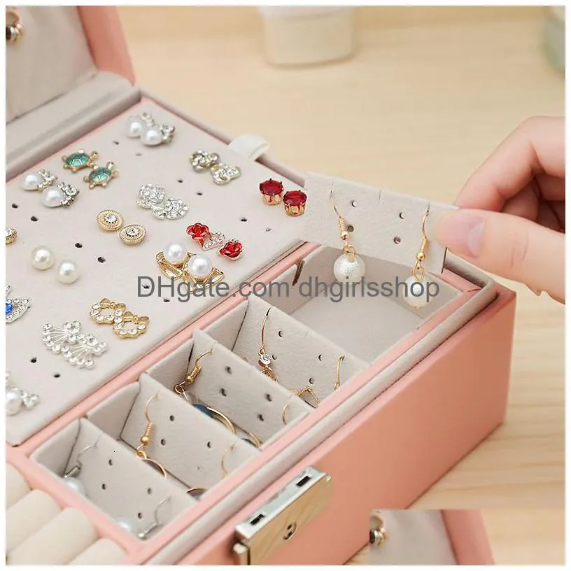 jewelry boxes two-layer leather jewelry box organizer earrings rings necklace storage case with lock women girls gift 230505
