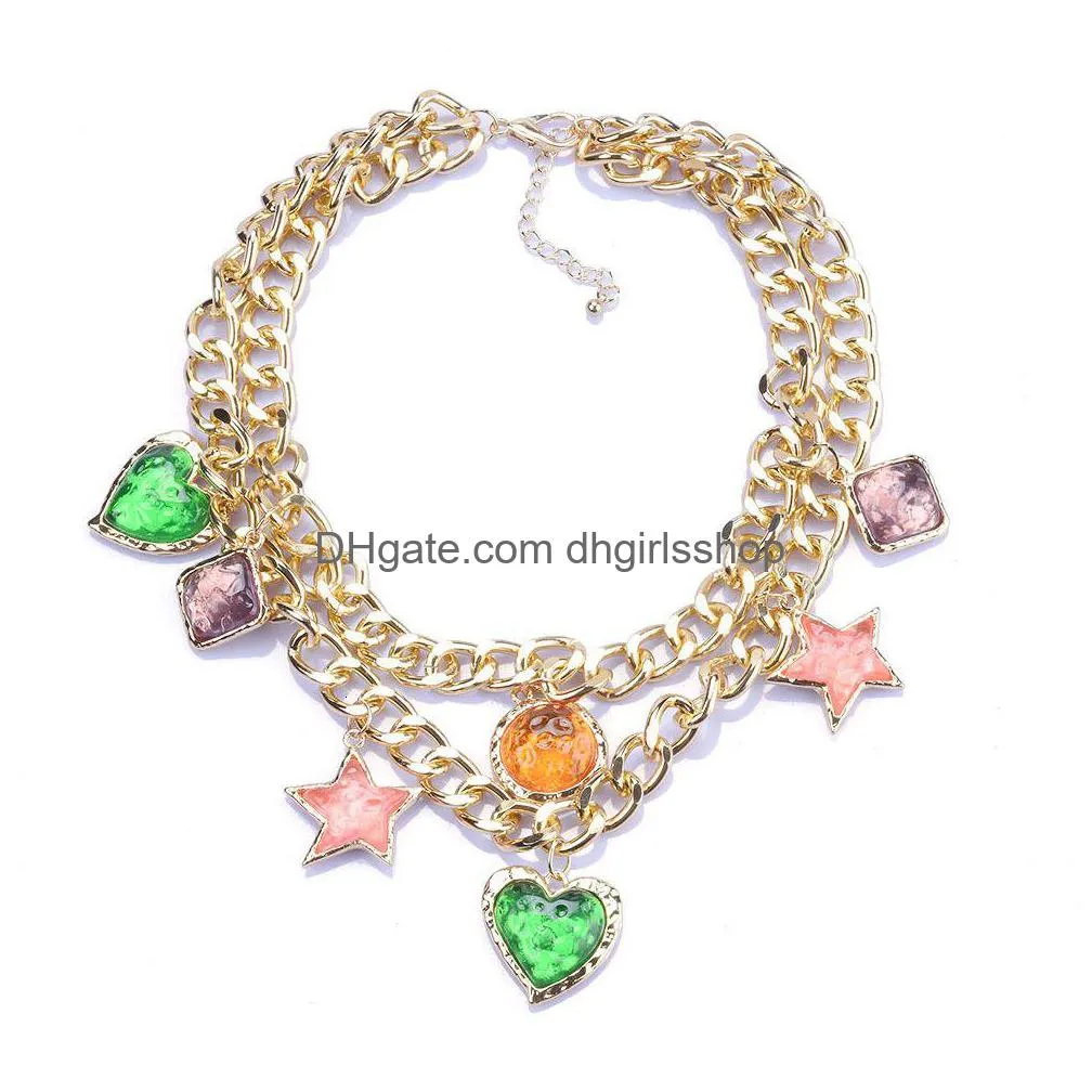 chokers za golden metal chains link choker necklace with charm heart star pentants for women vintage statement necklace jewelry 230518
