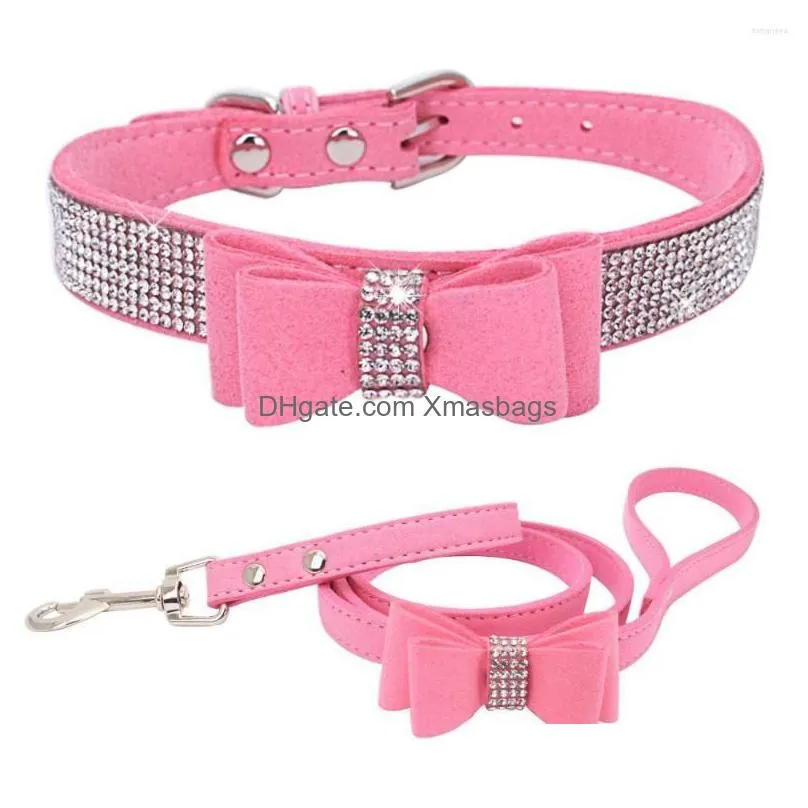 dog collars pet rhinestones bow knot collar cat bling soft cute tie pu leather supplies 1207