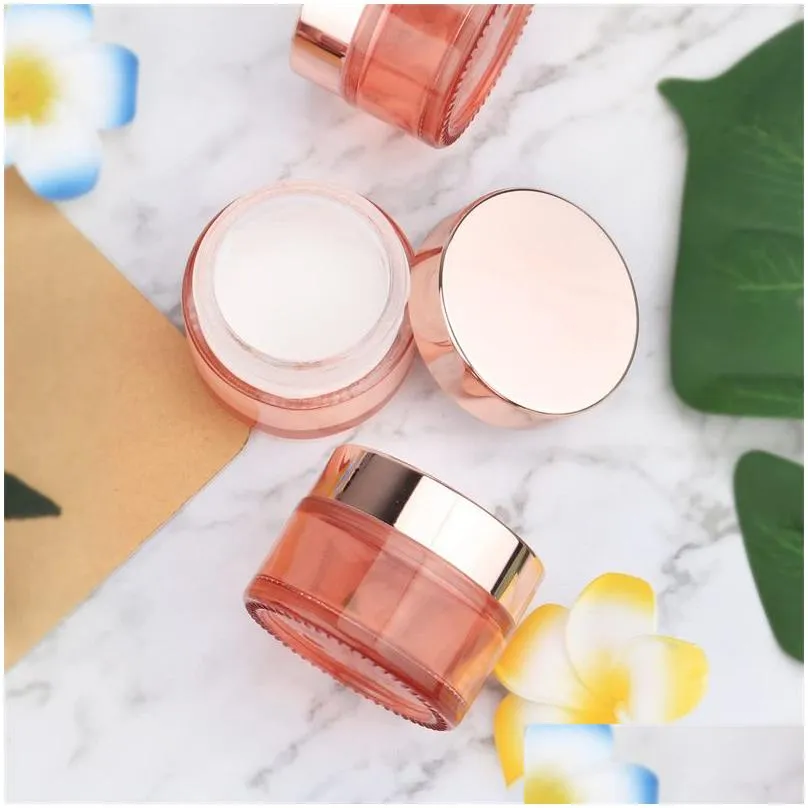 wholesale pink glass face cream jar pot empty thick glass bottle cosmetic cream jar container with rose gold lid and inner liners 5g 10g 15g 20g 30g 50g 60g