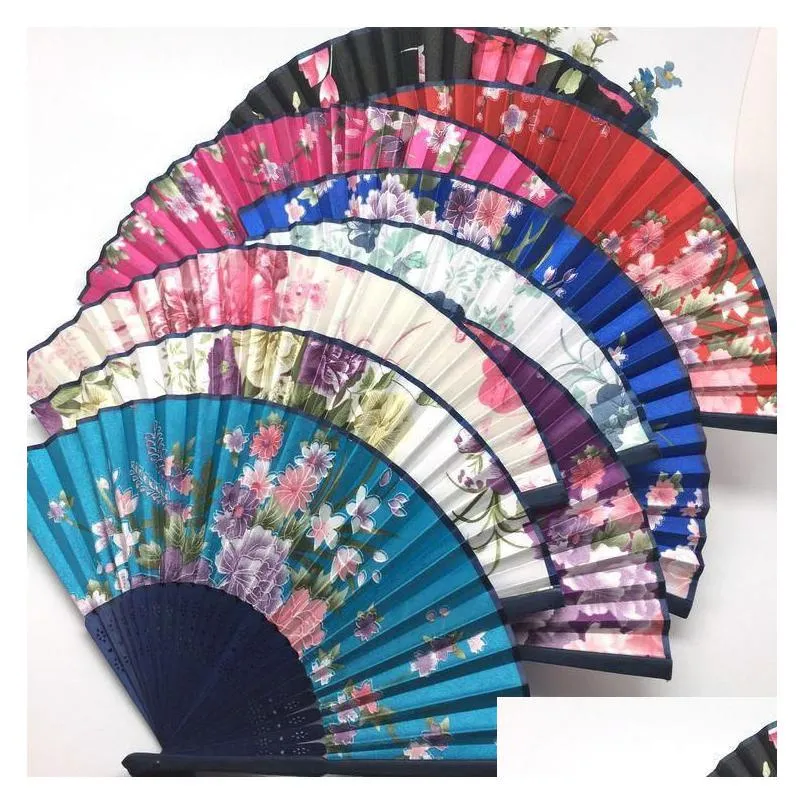 chinese craft silk floral priting handmade folding hand fan 20 pieces a lot multi color wedding dancing party 