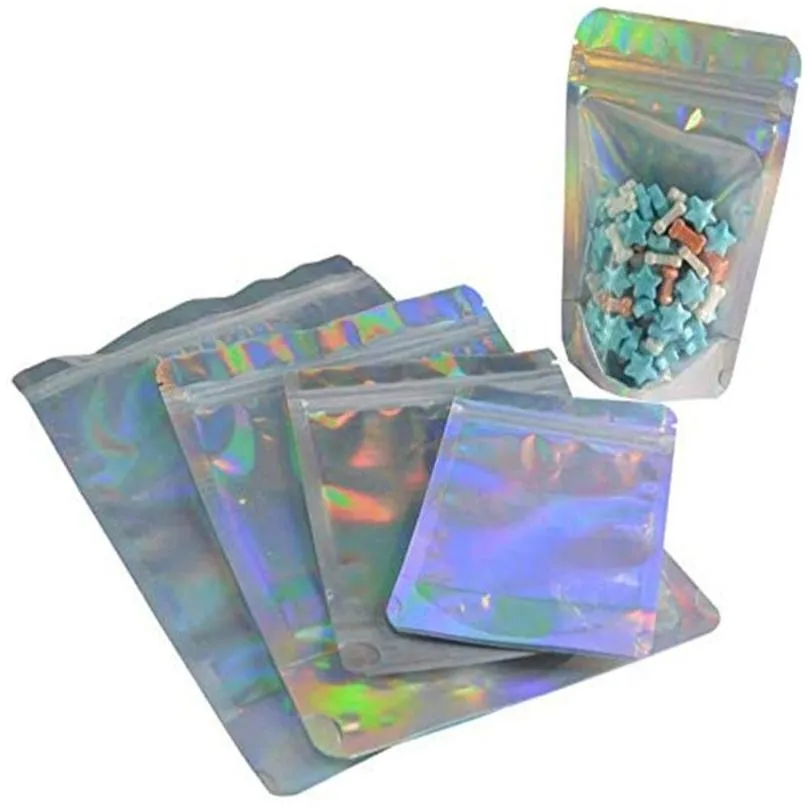 wholesale 100pcs lot resealable stand up zipper bags aluminum foil pouch plastic holographic smell proof bag food storage packaging