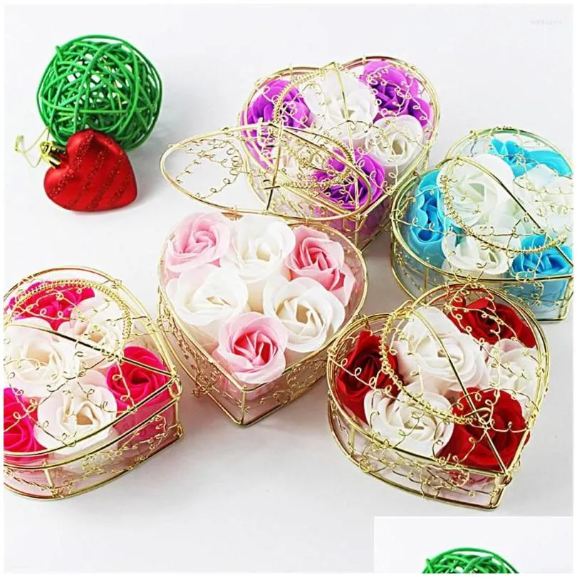 decorative flowers 6pcs/set rose soap flower gift box gold-plated iron basket artificial roses creative valentines day wedding