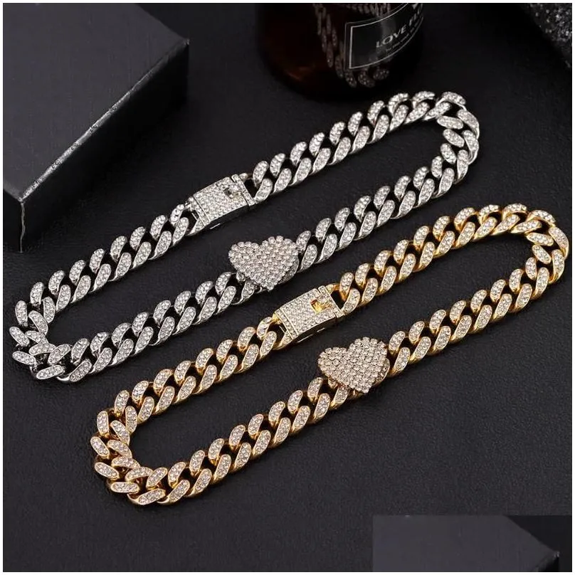 Chains Flatfoosie 13mm Hip Hop  Curb Cuban Chain Necklace For Women Iced Out Rhinestone Link Heart Choker Rapper JewelryChains