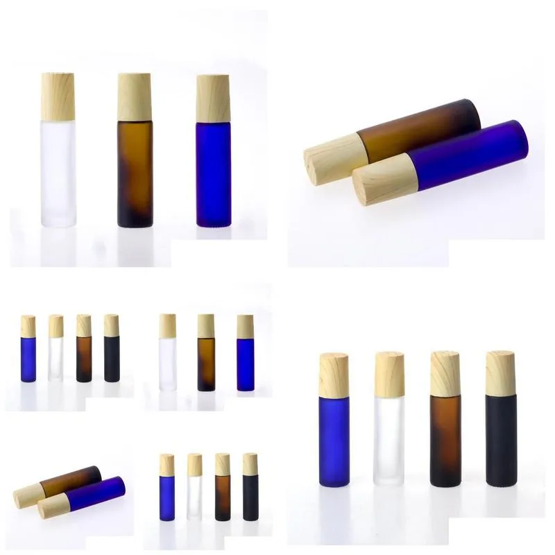 wholesale frosted black clear blue amber 10 ml metal roller perfume bottles for  oils rolling 1 3 oz roll-on glass