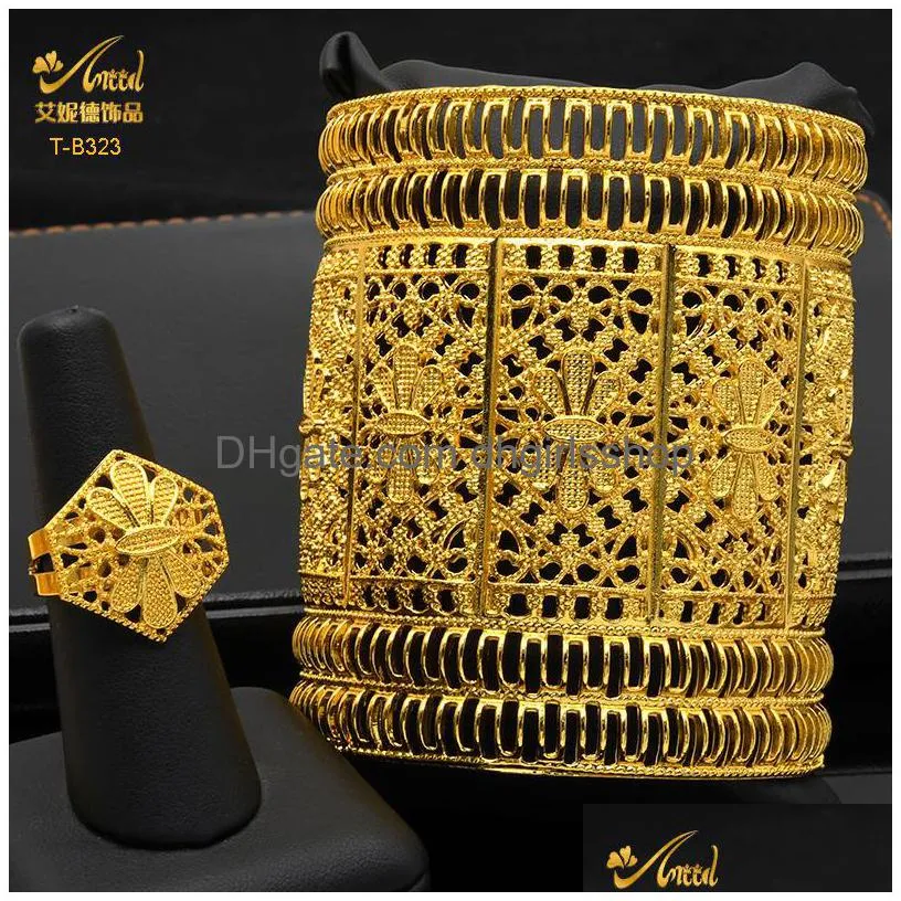 bangle aniid dubai gold plated woman bracelet with ring for women african luxury nigerian jewelry bridal wedding party gifts 230209