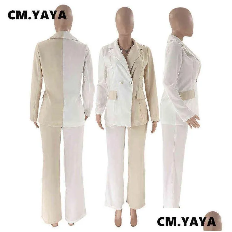 cmyaya elegantwork women pants suit and long sleeve blazer matching set fashion tracksuit two 2 piece set 2022 outfits j220813