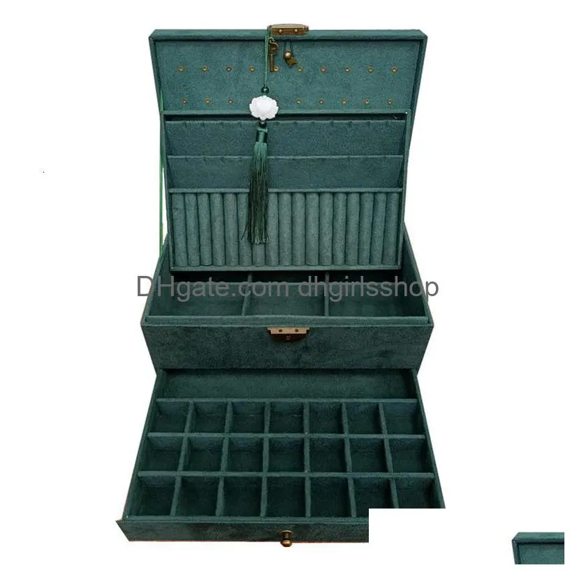 jewelry boxes retro high quality velvet jewelry box with large capacity dark green color 4 models 230505