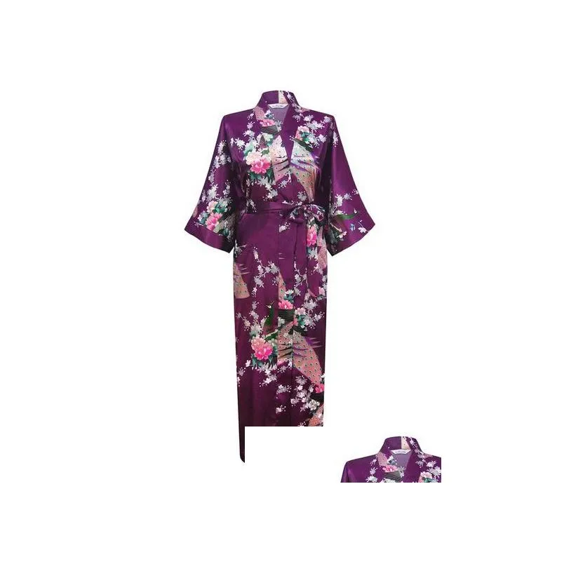 wholesale- purple fashion womens peacock long kimono bath robe nightgown gown yukata bathrobe sleepwear with belt s m l xl xxl xxxl