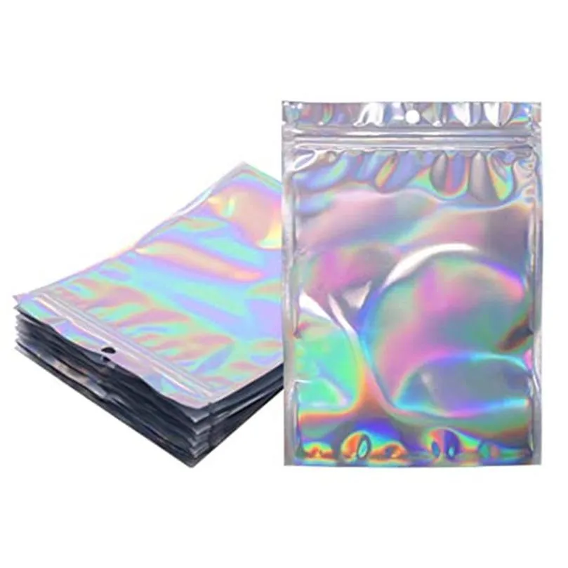 wholesale plastic zipper bag laser holographic aluminum foil pouch bags smell proof reclosable pouches for food snack