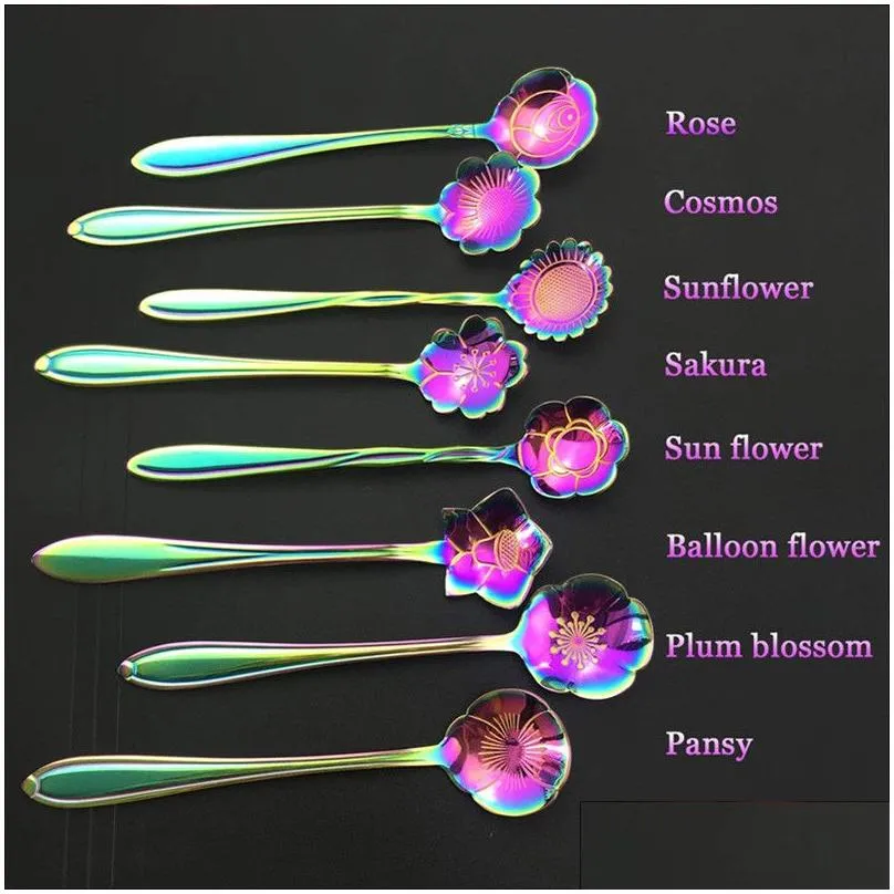 rainbow stainless steel tableware creative flower spoon mini stirring spoons ice cream sugar coffee mixing spoon