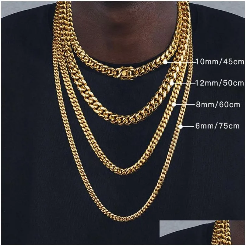 Chains 6mm/8mm/10mm/12mm Hip-Hop 18k Gold Plated  Cuban Link Chain Stainless Steel Necklace Gift For Men Women JewelryChains