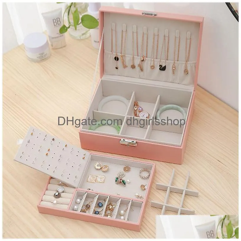 jewelry boxes two-layer leather jewelry box organizer earrings rings necklace storage case with lock women girls gift 230505