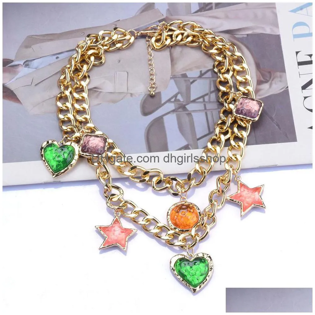 chokers za golden metal chains link choker necklace with charm heart star pentants for women vintage statement necklace jewelry 230518