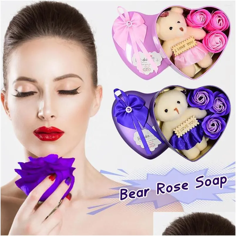 decorative flowers bear soap rose valentines day gifts for wife girlfriend wedding festival bath petal bouquet heart-shaped gift boxes