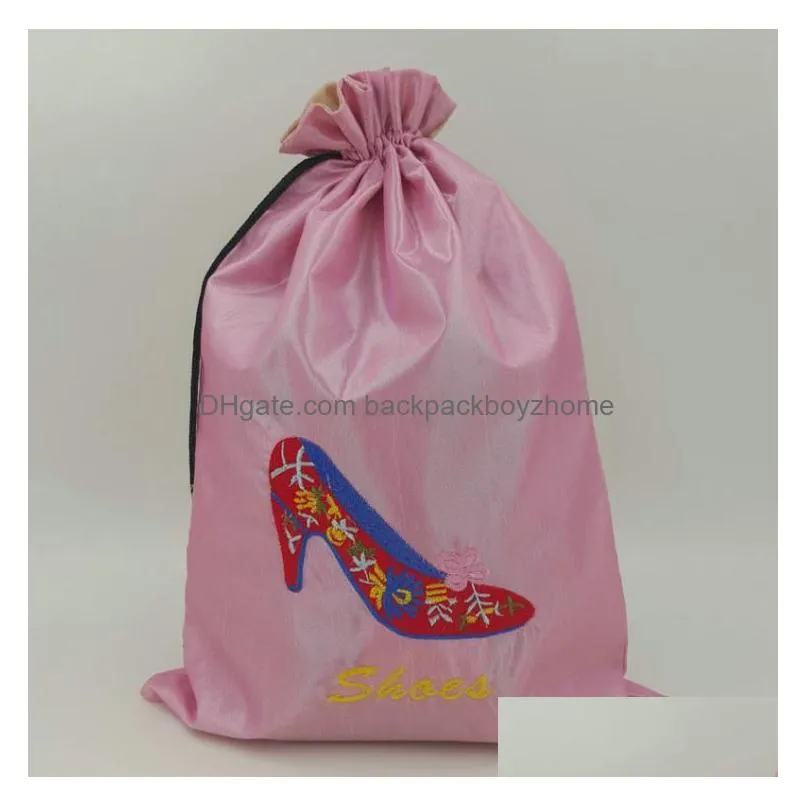 big embroidery high heels shoe pouch bags for travel shoe storage bag portable chinese silk drawstring women-shoe dust-bags with lined