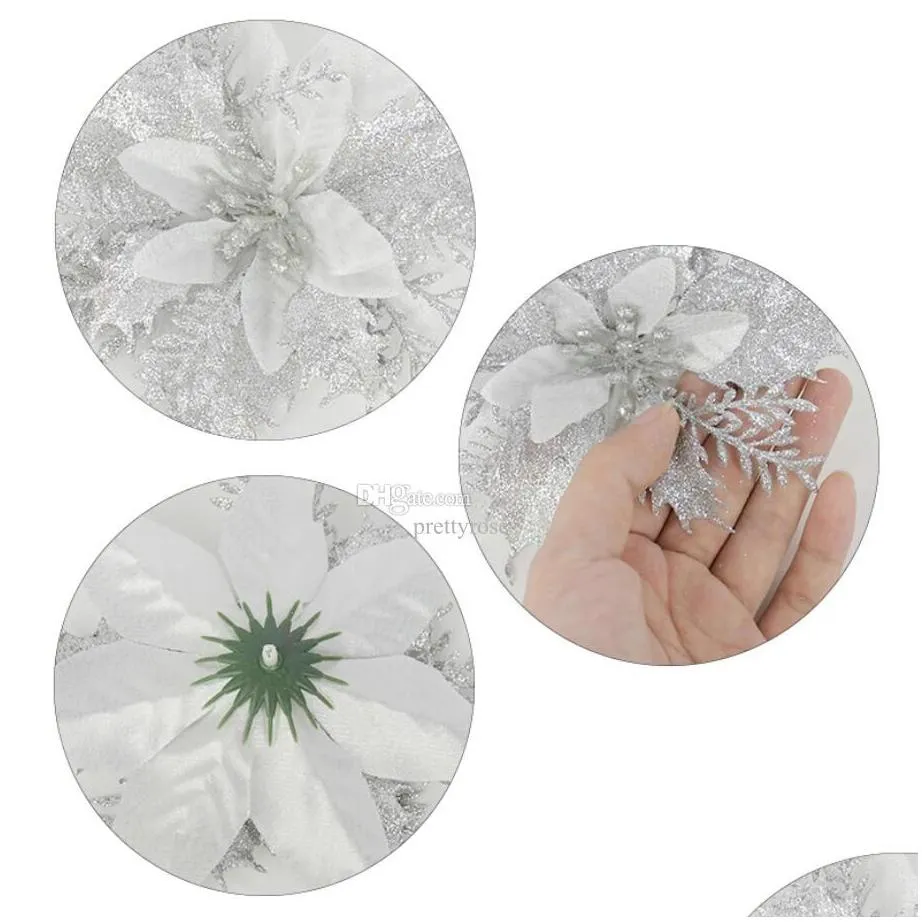 christmas decoration 14cm glitter artificial flower head for christmas tree ornament fake flowers diy wedding birthday decor