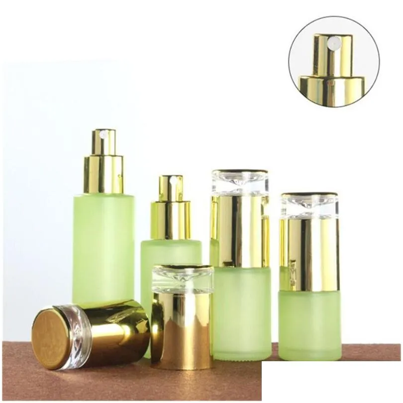 wholesale green cosmetic glass lotion bottle packaging with plastic cap empty spray bottles 20ml 30ml 40ml 60ml 80ml 100ml 120ml