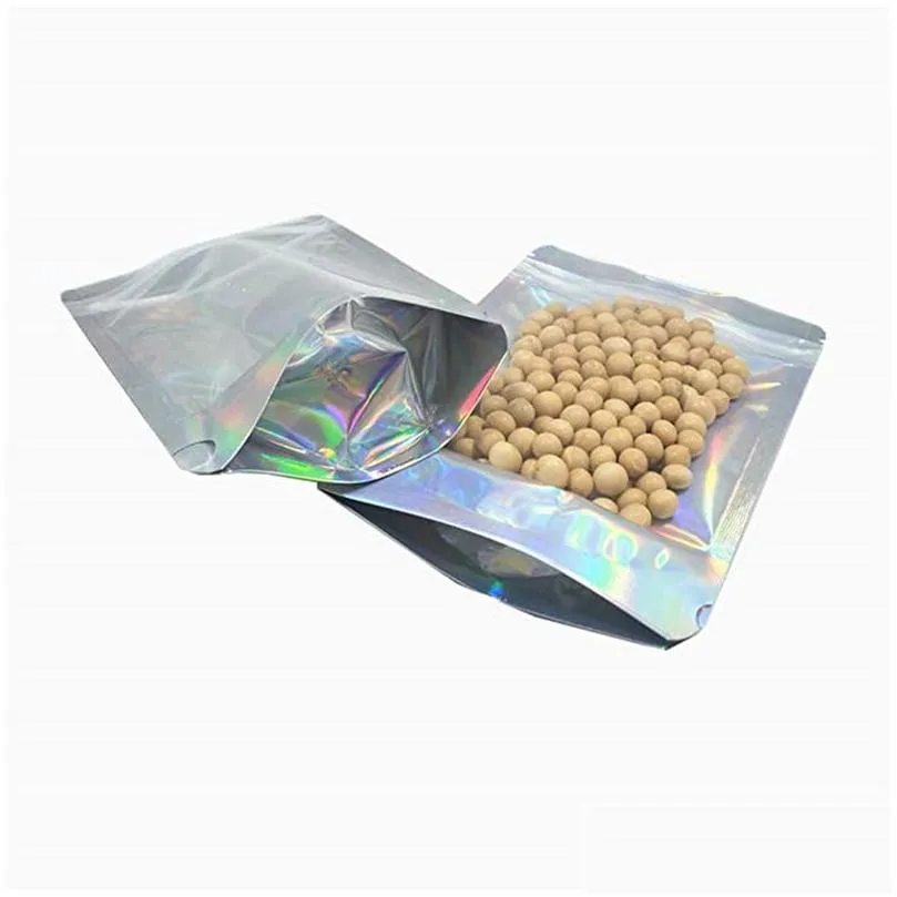 wholesale 100pcs lot resealable stand up zipper bags aluminum foil pouch plastic holographic smell proof bag food storage packaging