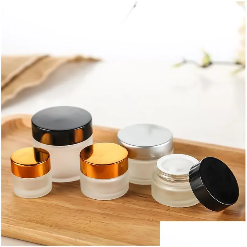 wholesale frosted glass jar face cream bottle cosmetic container 5g 10g 15g 20g 30g 50g lotion bottles with black silver gold lids