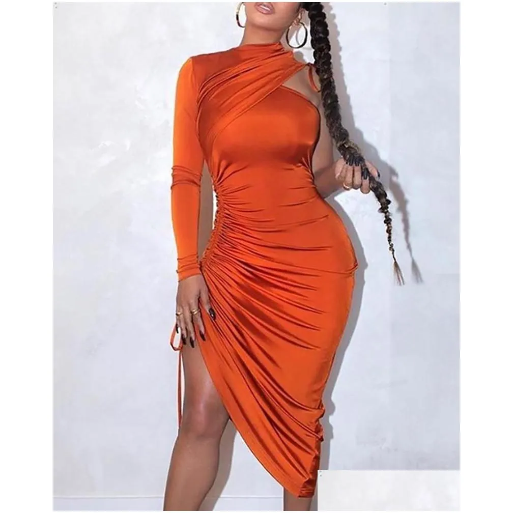 casual dresses sexy one shoulder drawstring ruched bodycon dress women solid long sleeve mid-calf night club party