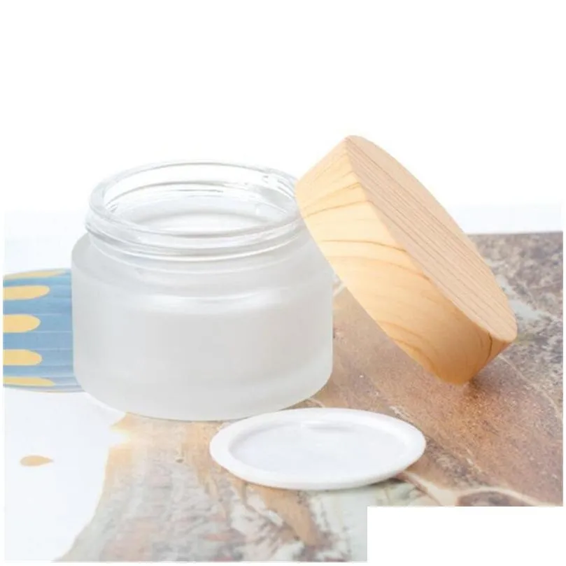 wholesale frosted glass jar skin care eye cream bottle refillable jars cosmetic container pot with plastic wood grain lids 5g 10g 15g 20g 30g