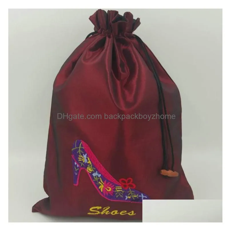 big embroidery high heels shoe pouch bags for travel shoe storage bag portable chinese silk drawstring women-shoe dust-bags with lined