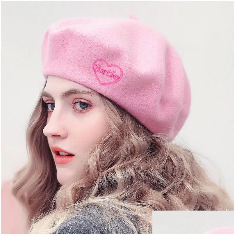 pink beret film and television same hat wool artist hat autumn and winter womens wool hat