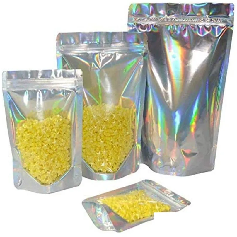 wholesale 100pcs lot resealable stand up zipper bags aluminum foil pouch plastic holographic smell proof bag food storage packaging
