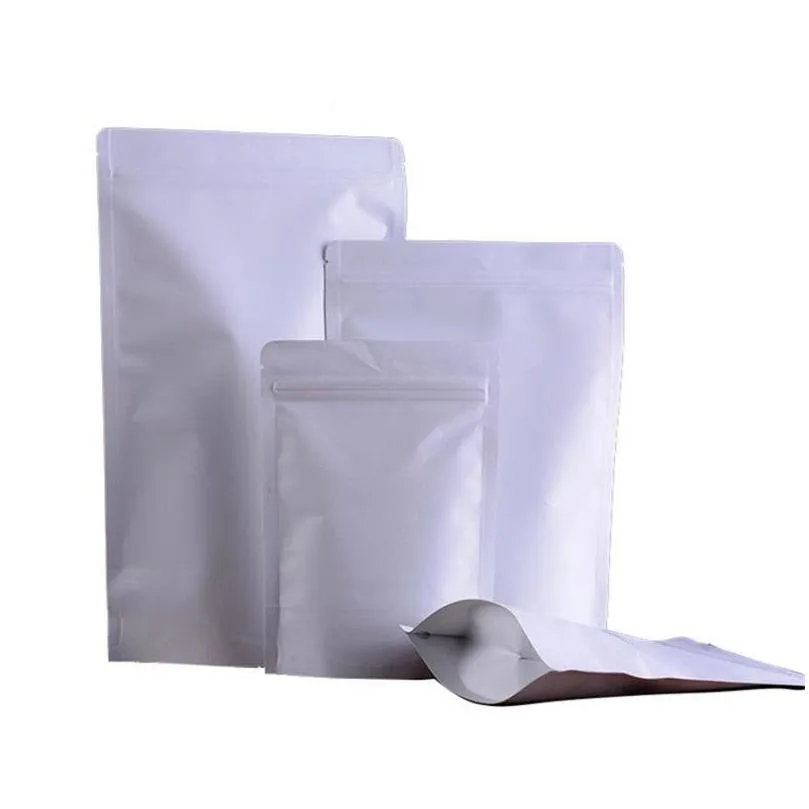 wholesale stand up white kraft paper bag aluminum foil packaging pouch food tea snack smell proof resealable bags