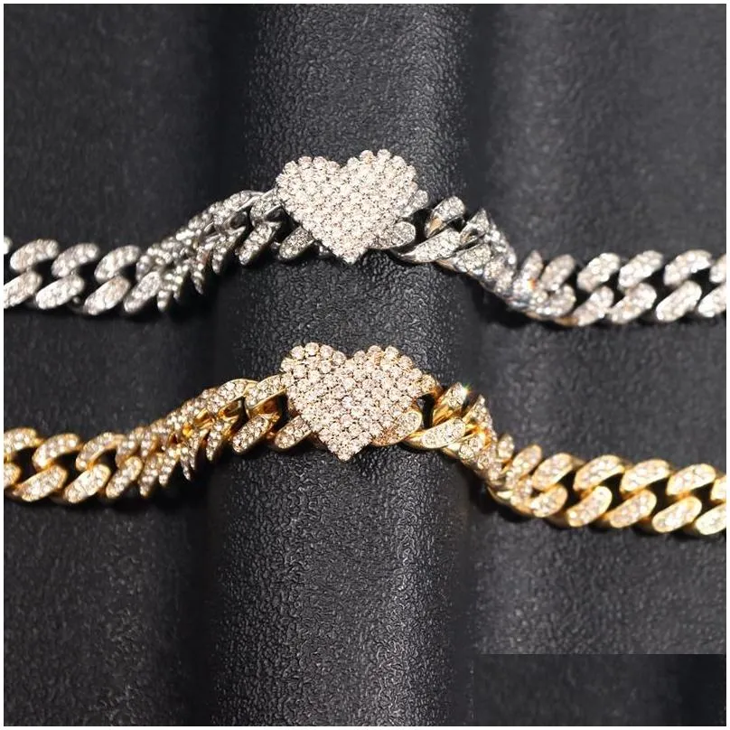 Chains Flatfoosie 13mm Hip Hop  Curb Cuban Chain Necklace For Women Iced Out Rhinestone Link Heart Choker Rapper JewelryChains