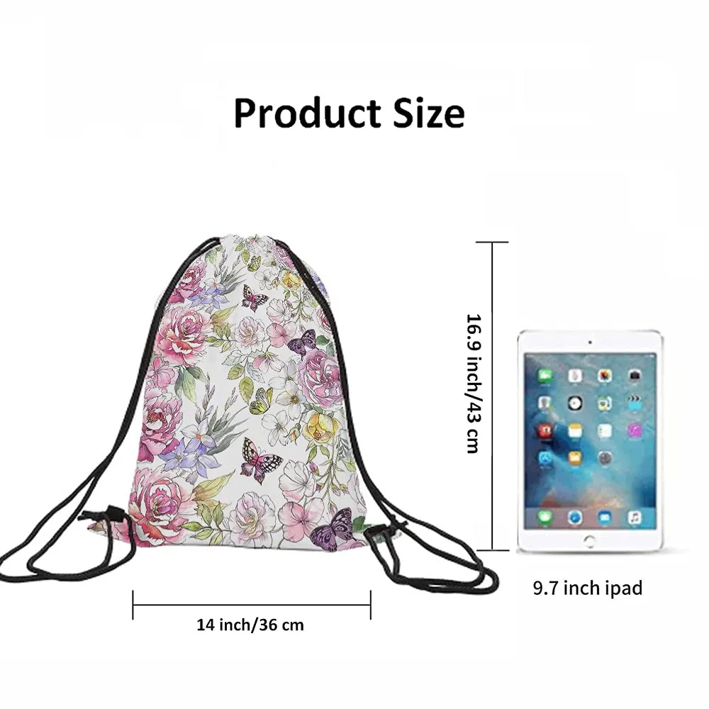 peonies drawstring bags backpack bag summer spring watercolor flower roses butterflies green leaf colorful sport gym sack drawstring bag string bag yoga bag for men women