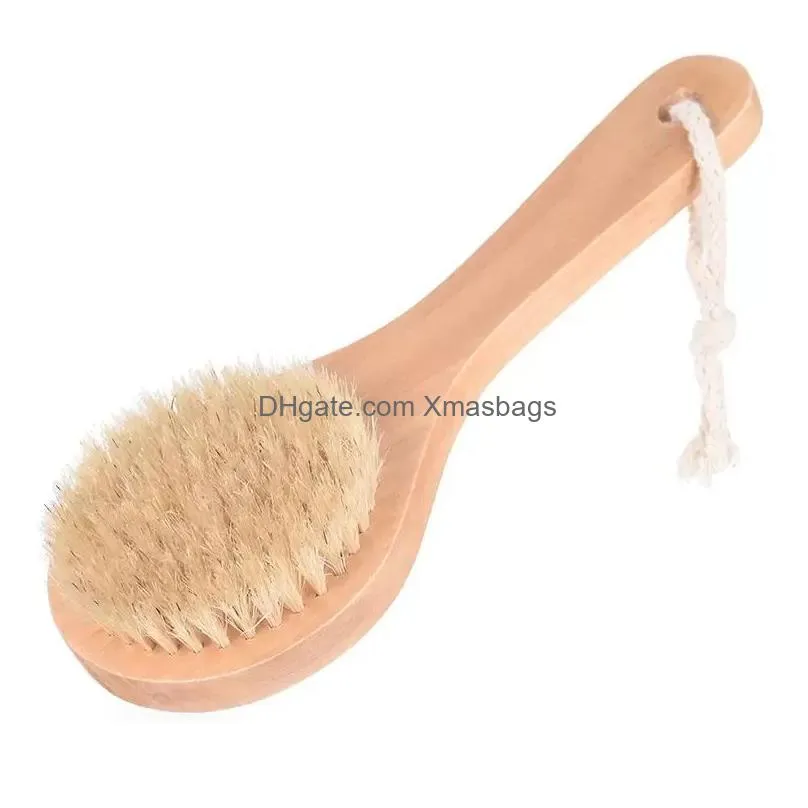 dhs 100pcs dry bath body brush back scrubber anti-slip short wooden handle natural bristles shower exfoliating massager