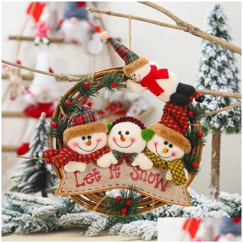 christmas rattan wreath decoration cartoon doll santa elk rattan circle pendant scene layout party gifts sea shipping rrc07