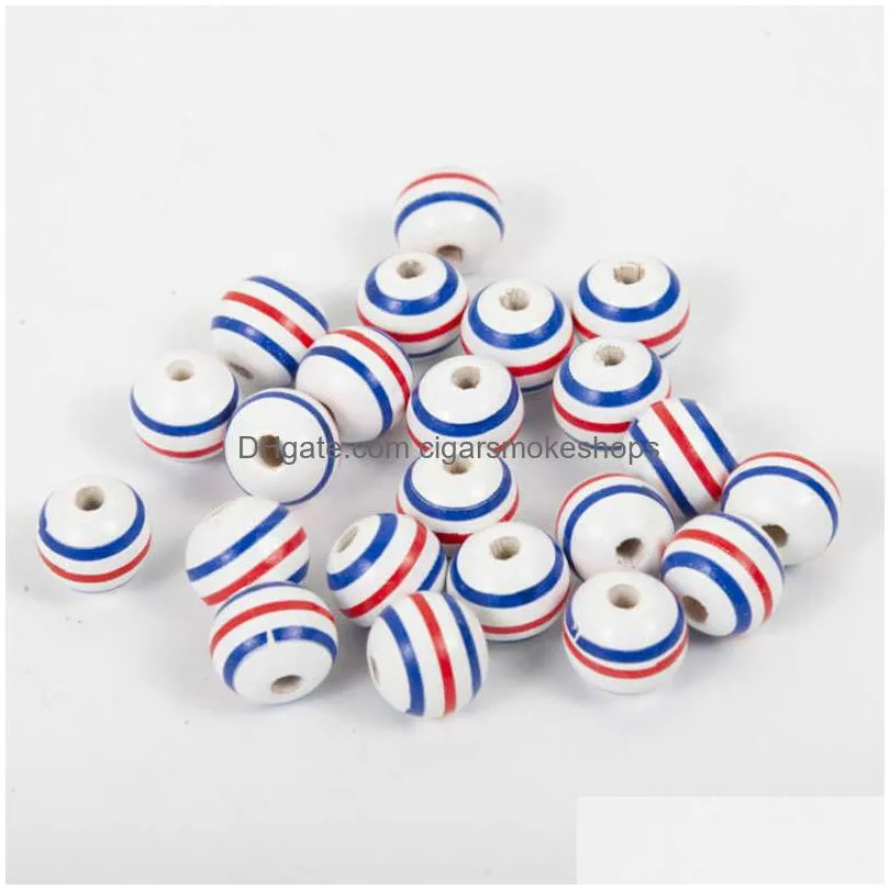 10pcs american independence day twine tassel wood bead string wooden charm round beads spacer beads diy for jewelry making