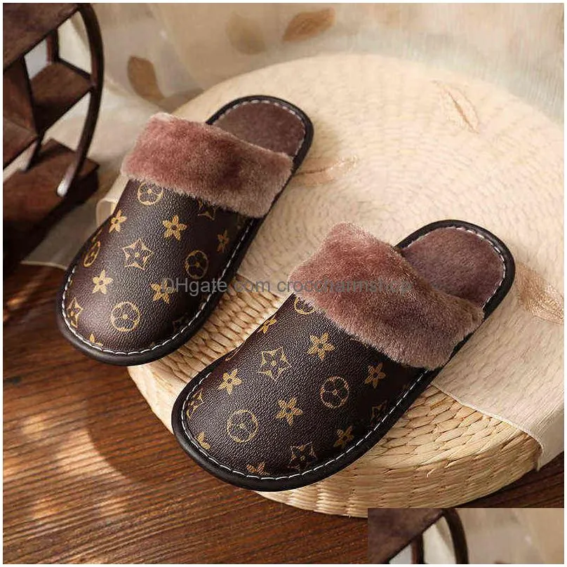 unisex pu leather slippers printed plush cotton slipper women indoor house shoes flat cozy home slippers winter warm flip flops