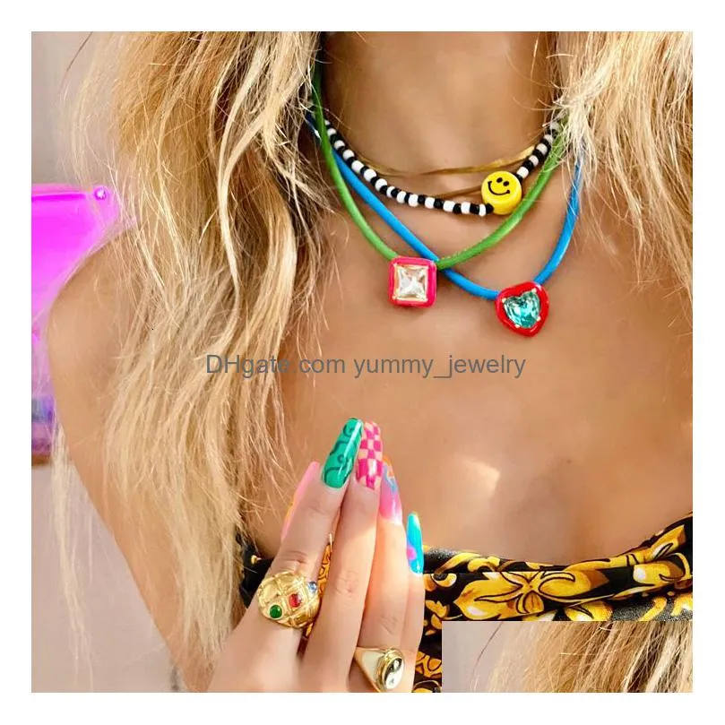 pendant necklaces huanzhi colorful leather choker love heart flower zircon clavicle necklace chain for women girls party jewelry