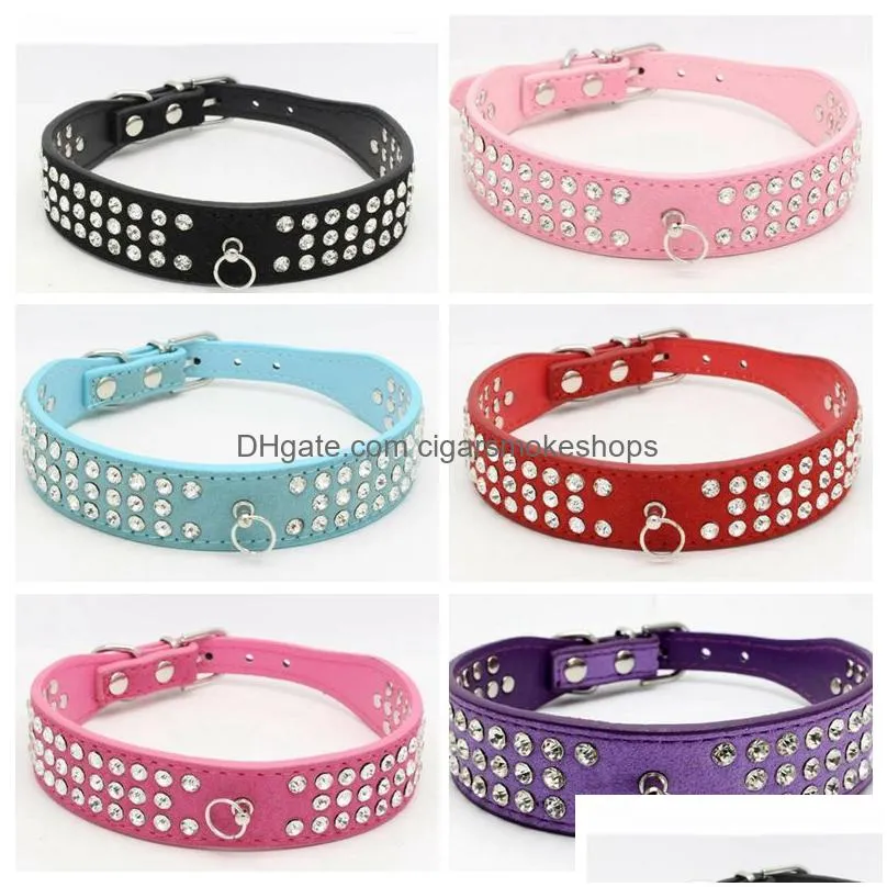 personalized length suede skin jeweled rhinestones pet dog collars three rows sparkly crystal diamonds studded puppy dog collar