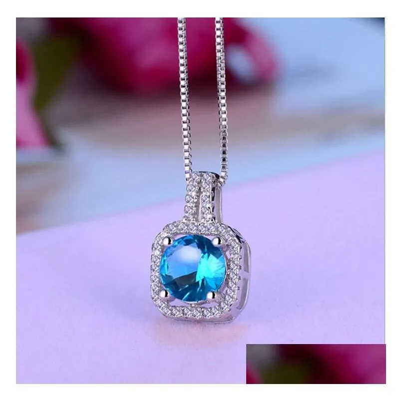 Fashion Simple Jewelry 925 Sterling Silver Round Cut 5A Cubic Zirconia CZ Party clavicle Chain Diamond Women Cute Necklace Pendant