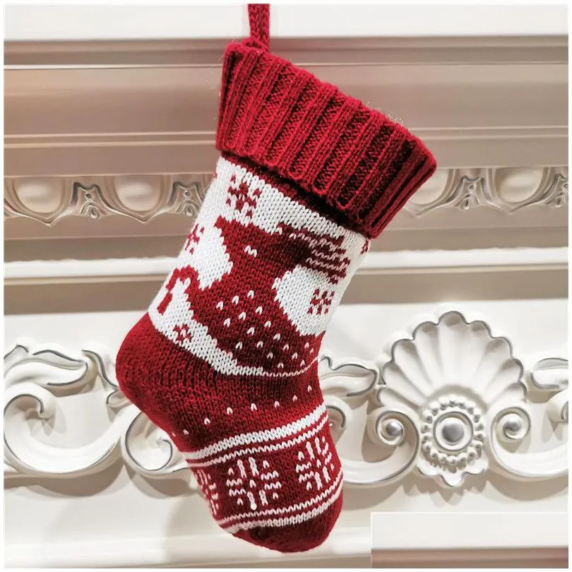 christmas knitting stockings 9 inch yarn ornaments gift bag red merry christmas happy new year gift candy socks eec2919