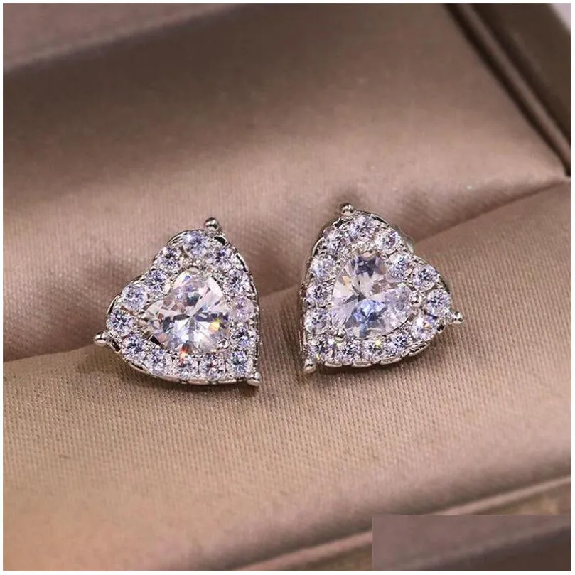 Luxury Jewelry Real 925 Sterling Silver Girl Pear Cut White Topaz CZ Diamond Simple Fine Party Women Wedding Heart Stud Earring Gift