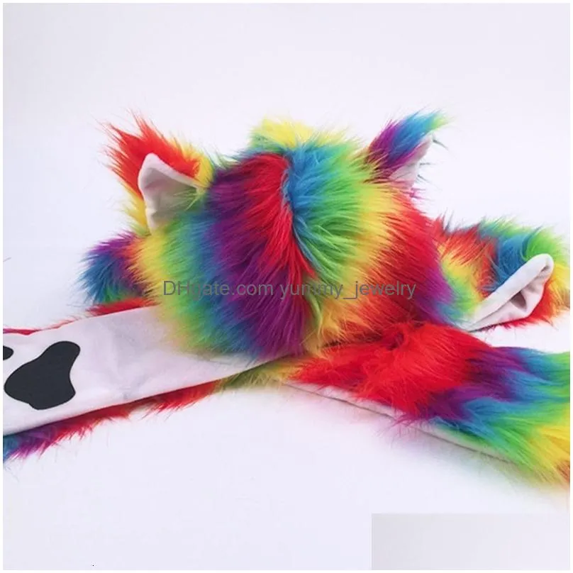 beanieskull caps women rainbow stripes furry animal hoodie hat fluffy plush ears paws 3 in 1 multifunctional earflap cap scarf gloves earmuff