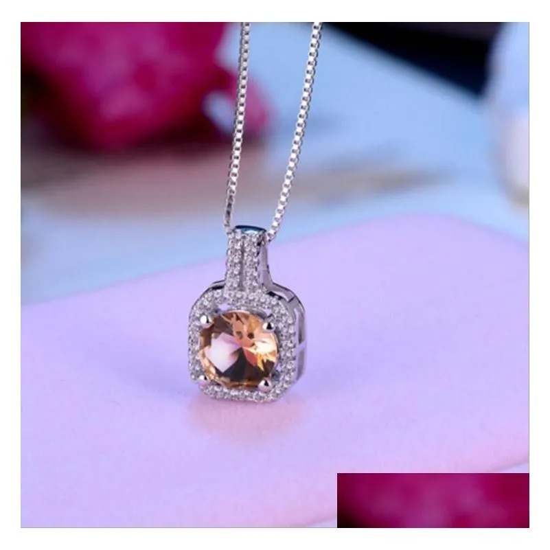 Fashion Simple Jewelry 925 Sterling Silver Round Cut 5A Cubic Zirconia CZ Party clavicle Chain Diamond Women Cute Necklace Pendant