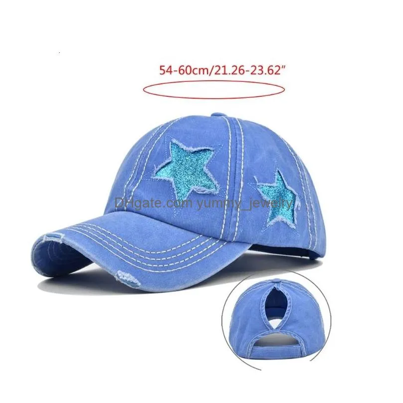 ball caps womens washed cotton baseball cap glitter star embroidery vintage distressed messy high bun ponytail hole trucker hat 230410