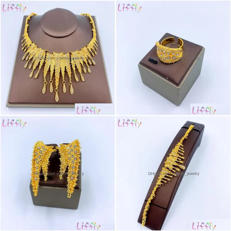liffly fashion sets dubai gold jewelry elegant women shape big necklace african bridal wedding bracelet earrings ring 220810