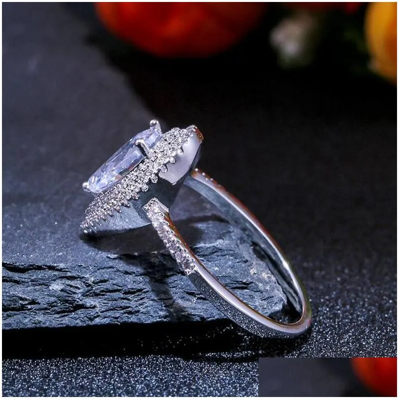 Size 6-10 Stunning Luxury Jewelry 925 Stearling Silver Drop Water White Topaz CZ Diamond Gemstones Party Women Wedding Bridal Ring