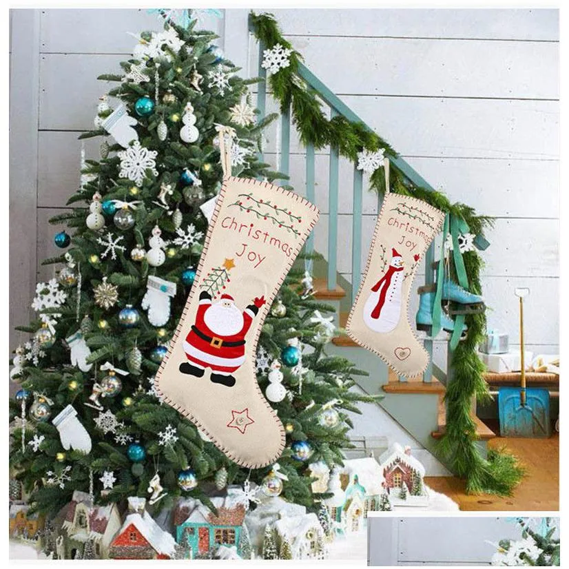 burlap embroidery christmas socks 46*18cm kids gift candy bag santa snowman design burlap embroidery xmas decorative stocking gge1703