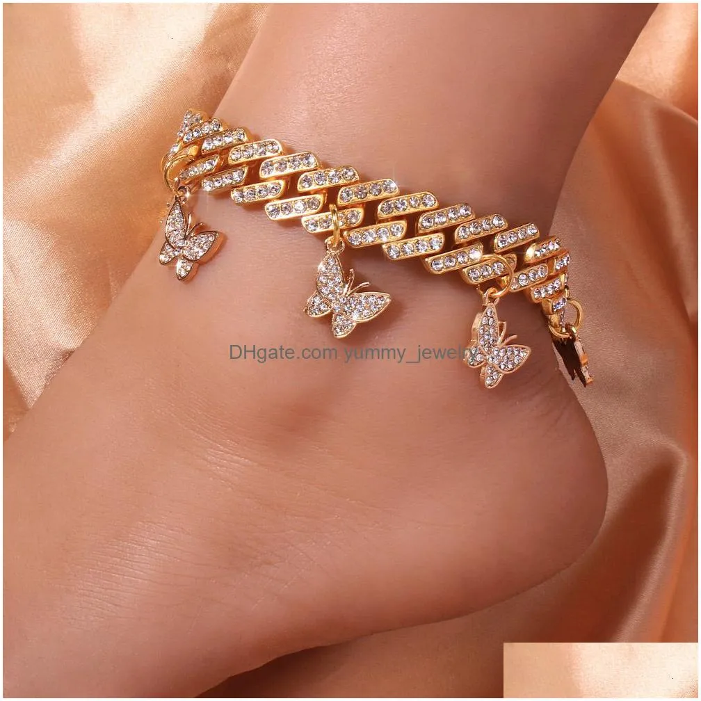 anklets hiphop punk women`s ankle wholesale block thick cuban chain butterfly ankle jewelry ice out bracelet 230512