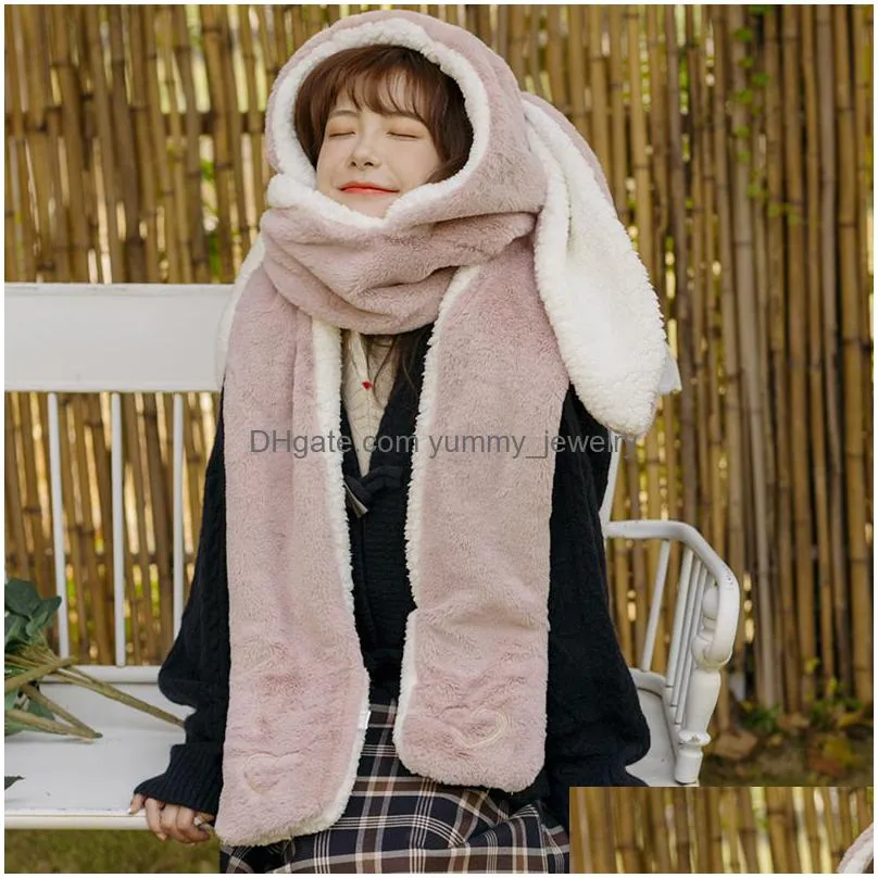 trapper hats women fashion cute cartoon rabbit ears hatimitation mink cap girl winter warmth thickened with scarf gloves onepiece hat