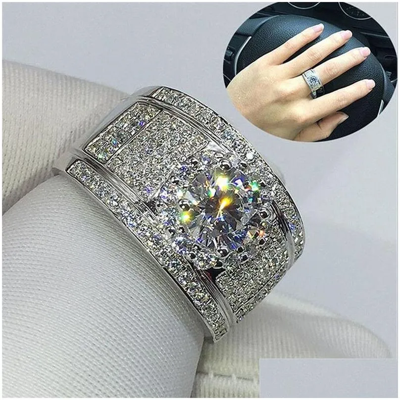 Choucong Brand Top Sell Luxury Jewelry Wedding Rings 925 Sterling Silver Round Cut White Topaz Pave CZ Diamond Party Eternity Women Men Engagement Bridal Ring